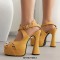 Peep Toe Denim Fabric Chunky Heels Ankle Buckle Crystal Straps Platforms Sandals Pumps - Yellow