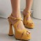 Peep Toe Denim Fabric Chunky Heels Ankle Buckle Crystal Straps Platforms Sandals Pumps - Yellow