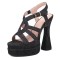 Peep Toe Denim Fabric Chunky Heels Ankle Buckle Straps Platforms Sandals Pumps - Black