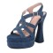 Peep Toe Denim Fabric Chunky Heels Ankle Buckle Straps Platforms Sandals Pumps - Blue