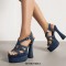 Peep Toe Denim Fabric Chunky Heels Ankle Buckle Straps Platforms Sandals Pumps - Blue