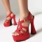 Peep Toe Denim Fabric Chunky Heels Ankle Buckle Straps Platforms Sandals Pumps - Red