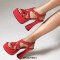 Peep Toe Denim Fabric Chunky Heels Ankle Buckle Straps Platforms Sandals Pumps - Red