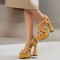 Peep Toe Denim Fabric Chunky Heels Ankle Buckle Straps Platforms Sandals Pumps - Yellow