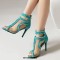 Peep Toe Denim Fabric Stiletto Heels Ankle Highs Transparent Mesh Sandals - Green