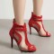 Peep Toe Denim Fabric Stiletto Heels Ankle Highs Transparent Mesh Sandals - Red