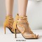 Peep Toe Denim Fabric Stiletto Heels Ankle Highs Transparent Mesh Sandals - Yellow