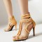 Peep Toe Denim Fabric Stiletto Heels Ankle Highs Transparent Mesh Sandals - Yellow