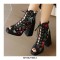 Peep Toe Lace Up Flower Print Chunky Heels Summer Gladiator Boots - Black