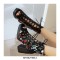 Peep Toe Lace Up Flower Print Chunky Heels Summer Gladiator Boots - Black