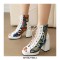Peep Toe Lace Up Snake Print Chunky Heels Summer Gladiator Boots - White