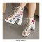 Peep Toe Lace Up Flower Print Chunky Heels Summer Gladiator Boots - White