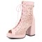 Peep Toe Platforms Chunky Heels Lace Up Mesh Summer Booties - Pink