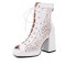 Peep Toe Platforms Chunky Heels Lace Up Mesh Summer Booties - White