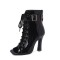 Peep Toe Glossy Lace Up Belt Buckle Ankle Highs Chunky Heels Spring Boots - Black Patent