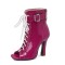Peep Toe Glossy Lace Up Belt Buckle Ankle Highs Chunky Heels Spring Boots - Rose Red Patent