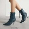 Pointed Toe Stiletto Heels Vintage Gothic Metal Buckle Zipper Ankle High Boots - Blue Faux Leather