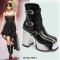 Round Toe Chunky Heels Platforms Robotic Black Silver Metallic Ankle Buckle Straps Boots - Black