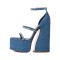 Peep Toe Chunky Heels Denim Rhinestones Platforms Ankle Buckle Straps Sandals - Blue