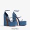 Peep Toe Chunky Heels Denim Rhinestones Platforms Ankle Buckle Straps Sandals - Blue