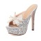 Peep Toe Stiletto Heels Sequins Mesh Rhinestones Bowtie Ribbon Platforms Sandals Slippers - Silver Sequined Cloth