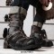 Round Toe Rustic Side Rivets Field Military Handmade Leather Tough Guy Style Chelsea Boots - Gray