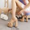 Square Open Toe Chunky Heels Ankle Buckle Straps Crocoide Pattern Sandals - Apricot Faux Leather