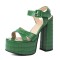 Square Open Toe Chunky Heels Ankle Buckle Straps Crocoide Pattern Sandals - Green Faux Leather