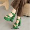 Square Open Toe Chunky Heels Ankle Buckle Straps Crocoide Pattern Sandals - Green Faux Leather