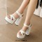 Square Open Toe Chunky Heels Ankle Buckle Straps Crocoide Pattern Sandals - White Faux Leather