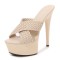 Peep Toe Stiletto Heels Cross Straps Platforms Sandals - Beige Faux Leather