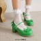 Round Toe Chunky Heels Bowknot Lolita Costumes Mary Janes Patent Pumps - Green