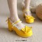 Round Toe Chunky Heels Bowknot Lolita Costumes Mary Janes Patent Pumps - Yellow
