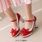 Round Toe Cute Bowknot Chunky Heels Lolita Vintage Mary Janes Platforms Pumps - Red Patent
