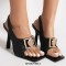 Square Open Toe Glitters Sequin Shiny Slingback Thin Dot Heels Sandals - Black
