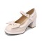 Round Toe Chunky Heels Butterfly Knot Lolita French Maid Costumes Mary Janes Patent Pumps - Beige