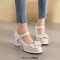 Round Toe Chunky Heels Butterfly Knot Lolita French Maid Costumes Mary Janes Patent Pumps - Beige