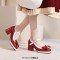 Round Toe Chunky Heels Butterfly Knot Lolita French Maid Costumes Mary Janes Patent Pumps - Red