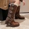 Round Toe Belt Buckles Retro Style Motorcycle Punk Four Season Boots - Brown