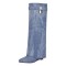 Pointed Toe Knee High Shark Lock Side Zipper Pants Wedges Boots - Blue