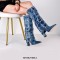 Pointed Toe Knee High Fold Down Star Embroidered Chunky Heels Boots - Blue