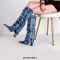 Pointed Toe Knee High Fold Down Star Embroidered Chunky Heels Boots - Blue