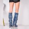 Pointed Toe Knee High Fold Down Star Embroidered Chunky Heels Boots - Blue