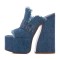 Peep Toe Chunky Heels Denim Fabric Platforms Mules Slippers Sandals - Blue