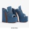 Peep Toe Chunky Heels Denim Fabric Platforms Mules Slippers Sandals - Blue