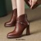 Pointed Toe Chunky Heels Ankle High Decorated Buckle Straps Leather Booties - Brown