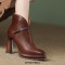 Pointed Toe Chunky Heels Ankle High Decorated Buckle Straps Leather Booties - Brown