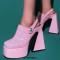 Round Toe Chunky Heels Platforms Slingback Patent Sandals - Pink