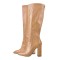 Pointed Toe Chunky Heels Crocodile Pattern Knee Highs Boots - Tan Faux Leather