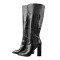 Pointed Toe Chunky Heels Crocodile Pattern Knee Highs Boots - Black Faux Leather